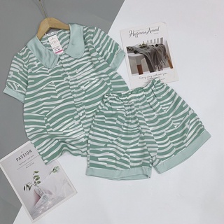 Bộ đồ mặc nhà Pyjamas lụa mango cao cấp, bộ ngủ quần đùi, sọc kẻ xanh