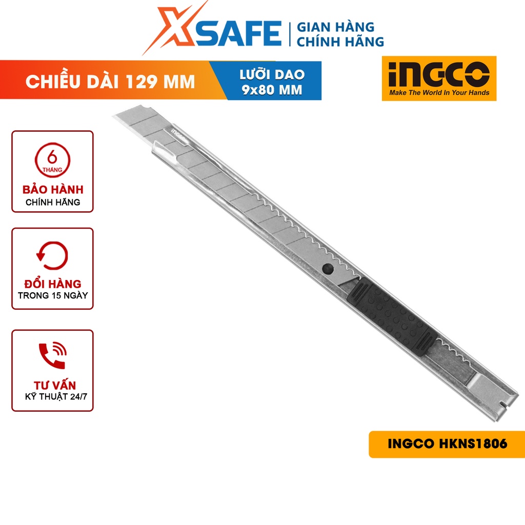 Dao rọc giấy INGCO HKNS1806 - Kích cỡ lưỡi dao 9x80mm, dài 129mm kèm 1 lưỡi, khóa lưỡi tự động, nút nhấn phẳng - XSAFE