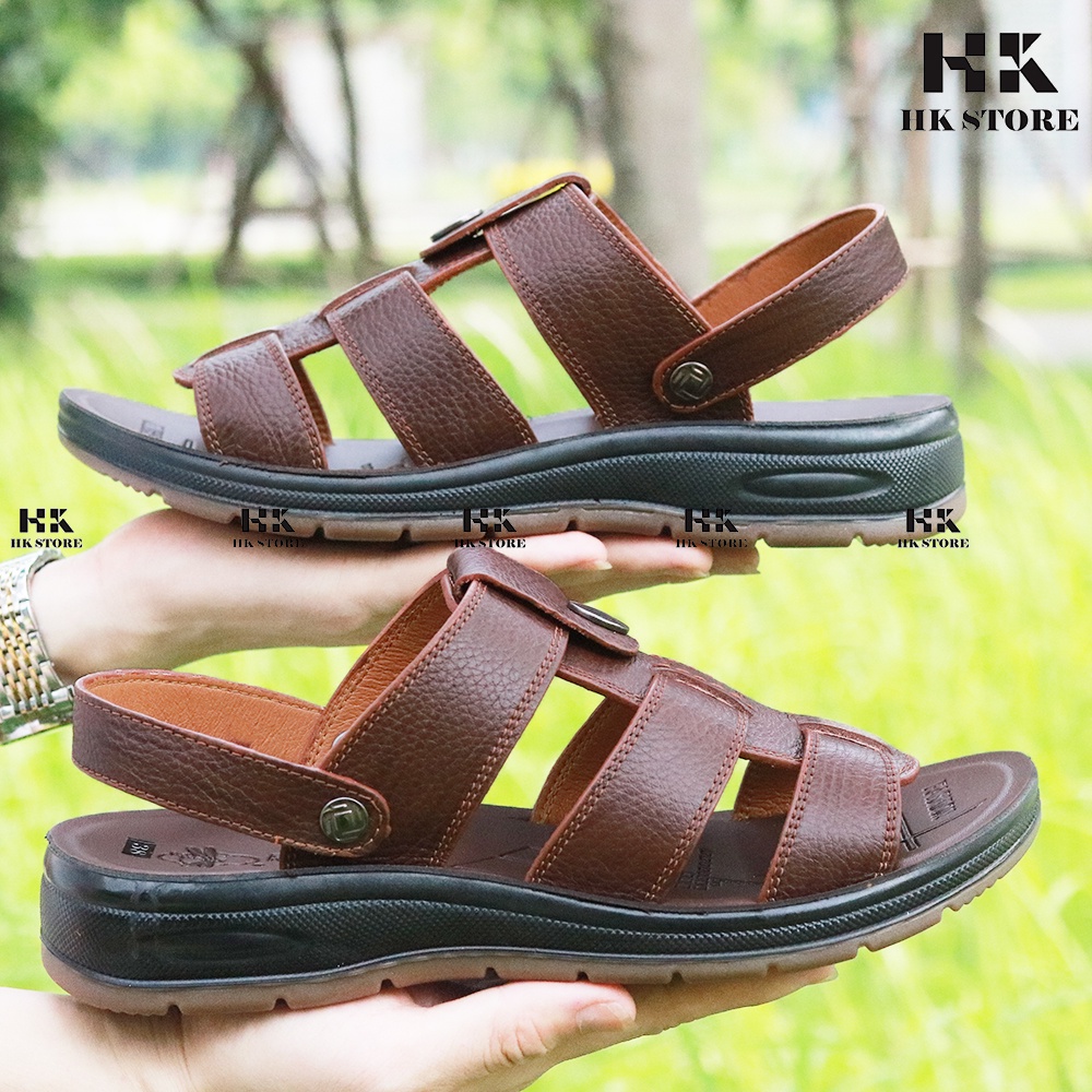 Dép sandal nam trung niên  HK.STORE  da bò kết hợp đế kếp cao 3,5cm khâu may chân quai công nghệ 2021 siêu chắc chắn