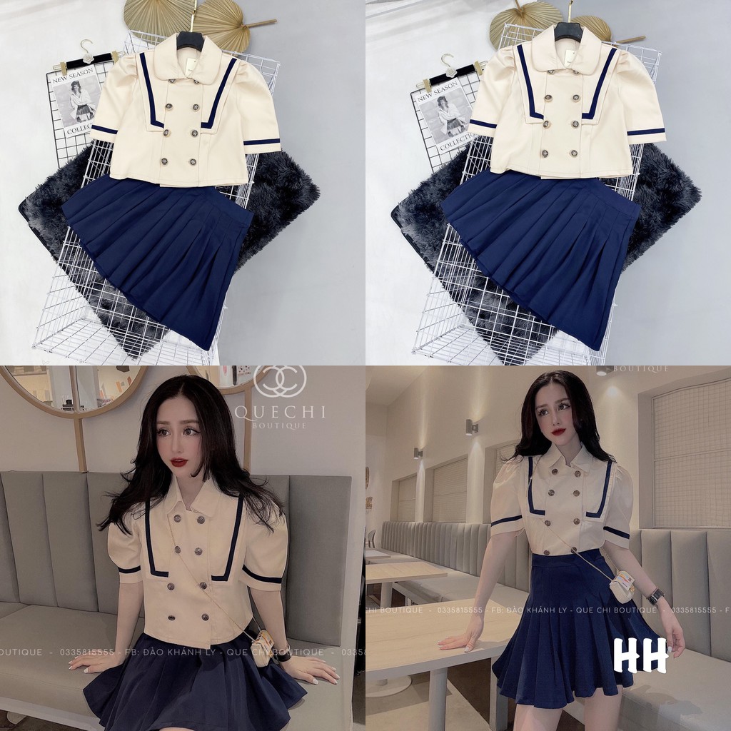 Set Áo Thủy Thủ Cổ Thuyền Viền Mí Mix Chân Váy Xếp Li Xanh | BigBuy360 - bigbuy360.vn