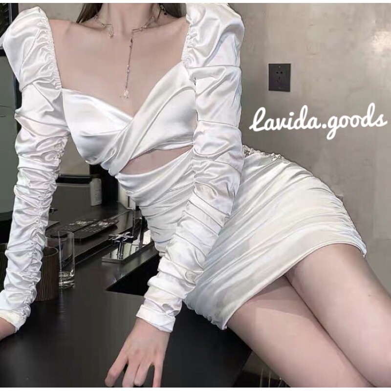 (SẴN S ĐEN) S15 Đầm Body Lụa Eo Nhún Dài Tay Hở Lưng Đan Xích Sexy có ảnh thật (ORDER)