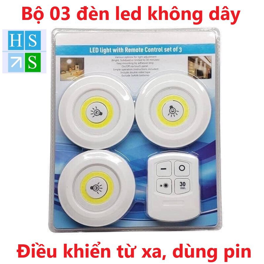 Bộ 3 Đèn LED chiếu sáng không dây dán tường 2 chế độ sáng có điều khiển từ xa dùng pin - NPP HS Shop