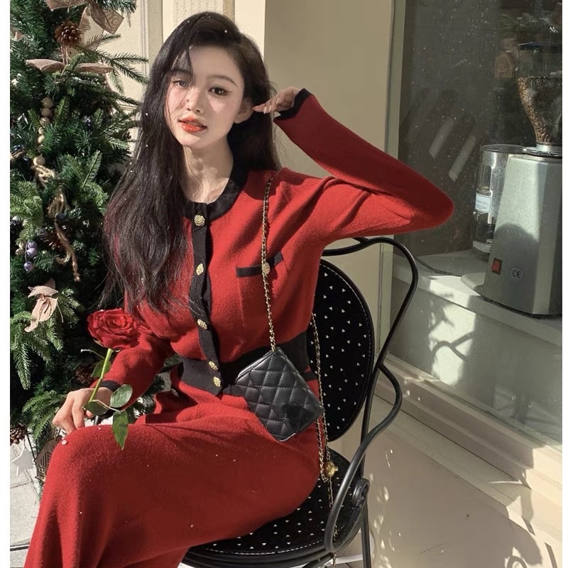 Set len dệt áo croptop viền tay dài + quần len dài