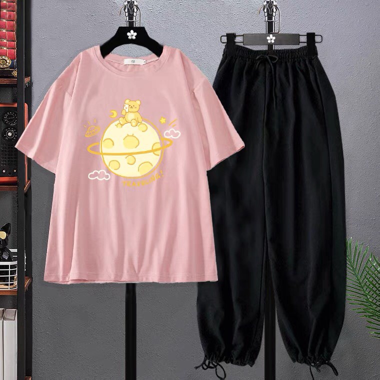 Sét Áo Gấu travle + quần bom chun, Áo thun from rộng, Chất đẹp không xù, quần suông ống rộng, Sét bộ mặc ở nhà - MODY