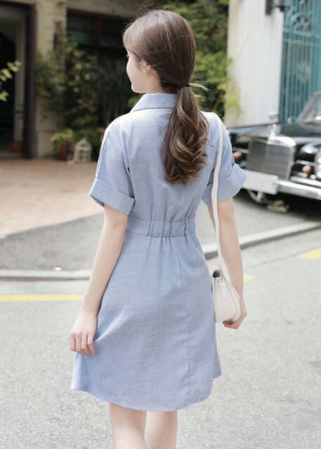 Đầm sơ mi sọc xanh linen