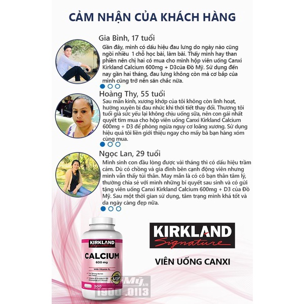 Viên uống Canxi Kirkland Calcium 600mg + D3 hộp 500 viên của Mỹ