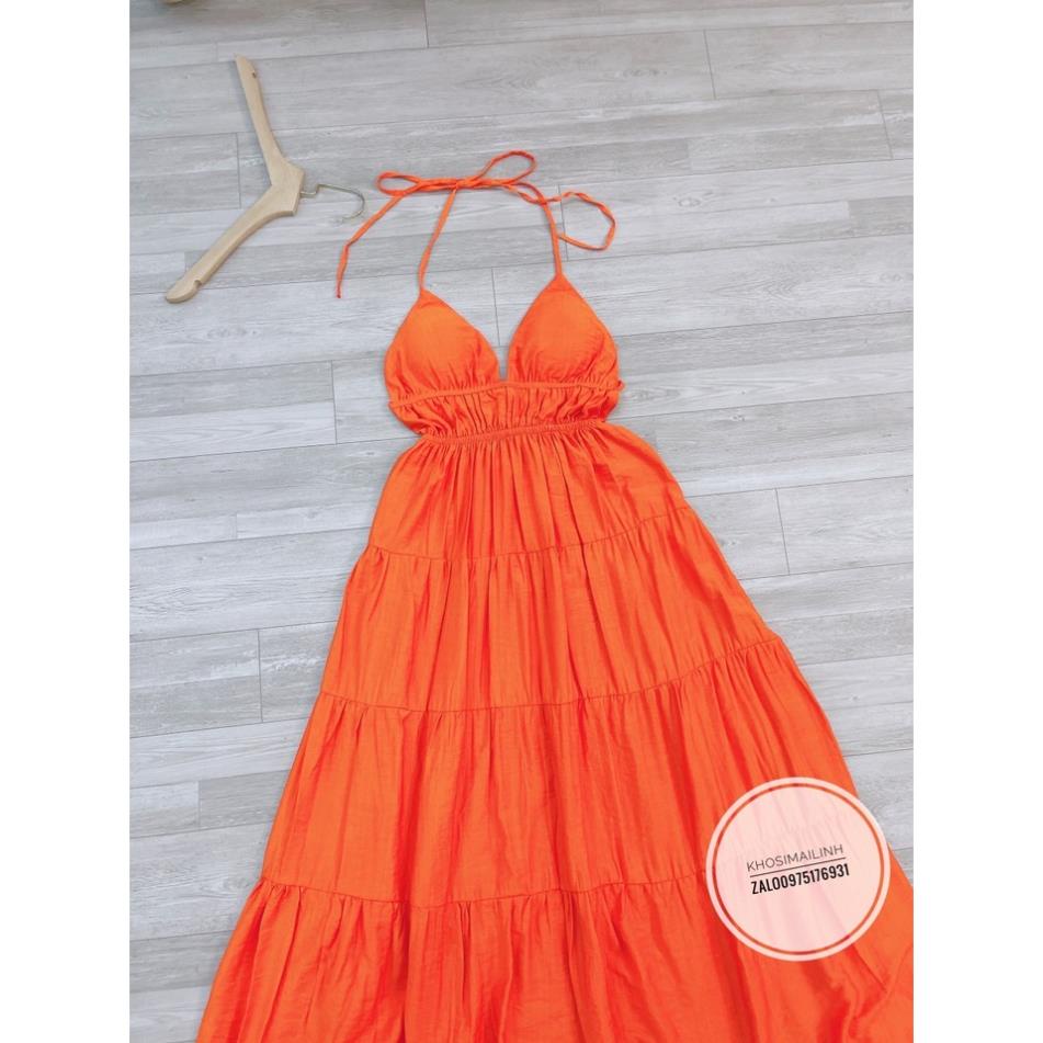 Đầm maxi cam 3 tầng hở lưng chất đũi tơ có cup ngực