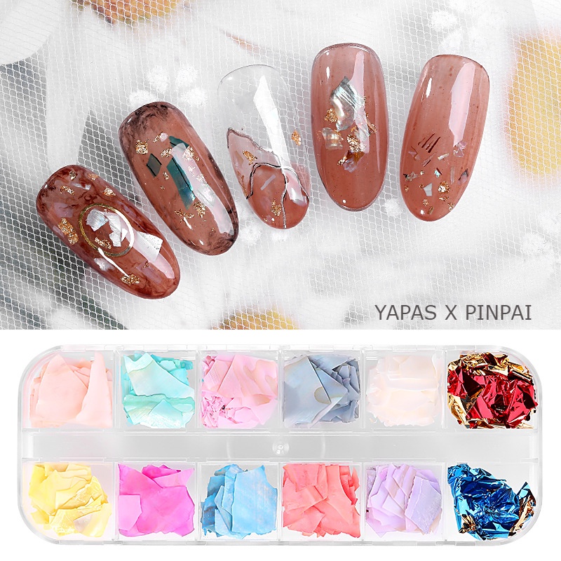 Xà cừ nail khay mix giấy nhún đá sỏi đính móng Yapas x Pinpai , Set xà cừ vân đá mix màu trang trí móng chuyên dụng