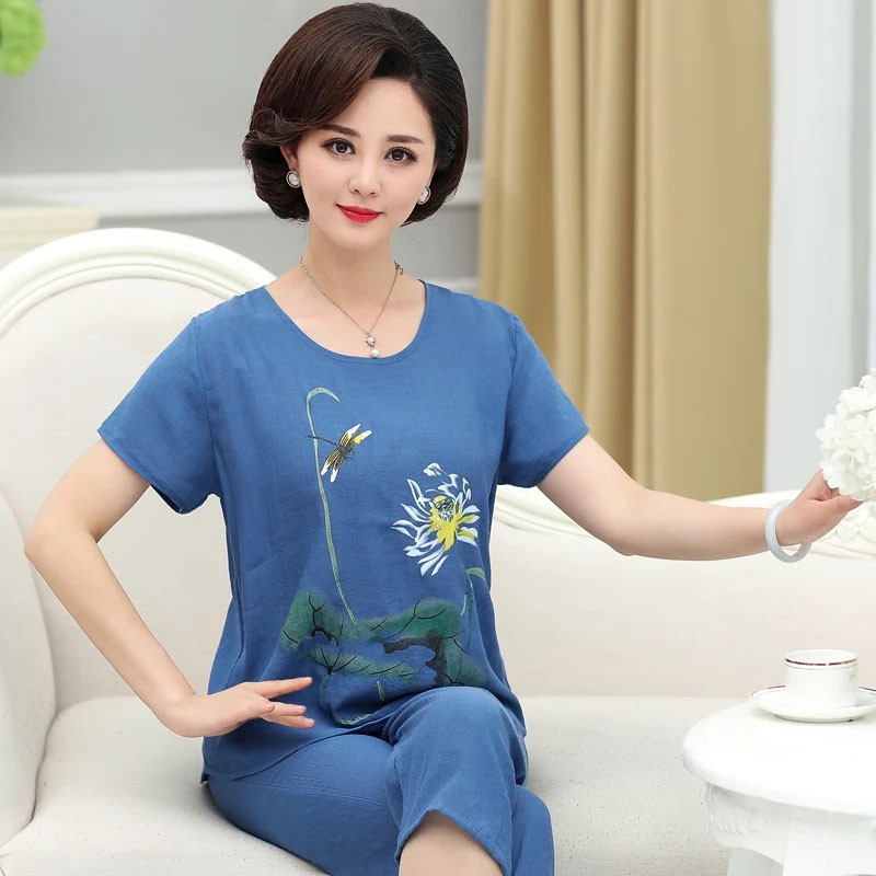 Thời Trang Trung Niên Nữ bộ đồ ngủ mùa hè rộng vãi lanh cotton thoáng mát