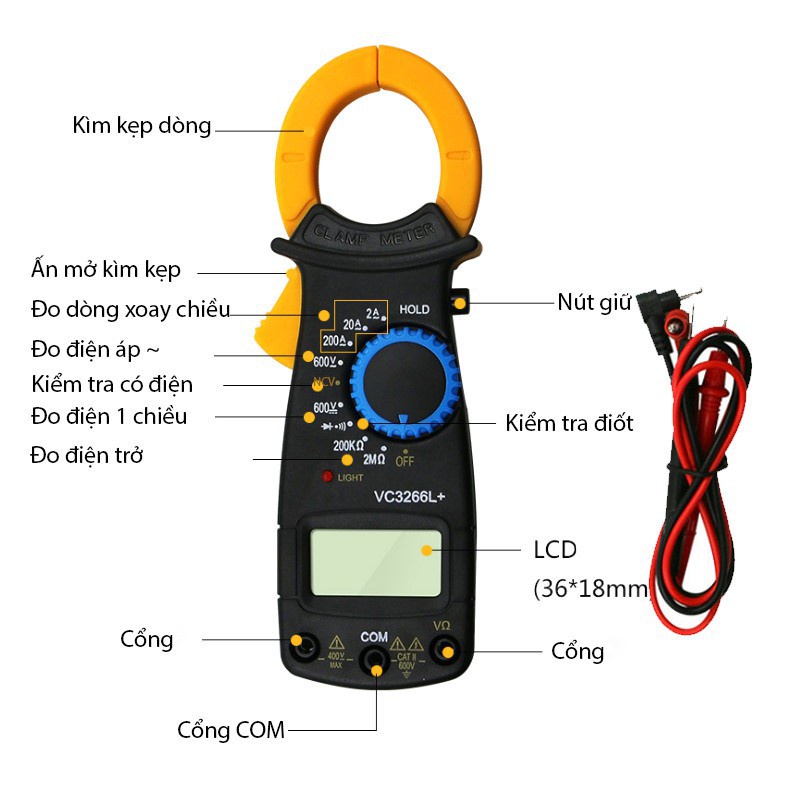♗☄☫Đồng Hồ Đo Điện Ampe Kế Cầm Tay Kẹp Vạn Năng Kỹ Thuật Số Mét VC3266L+ (Tặng kèm Pin)