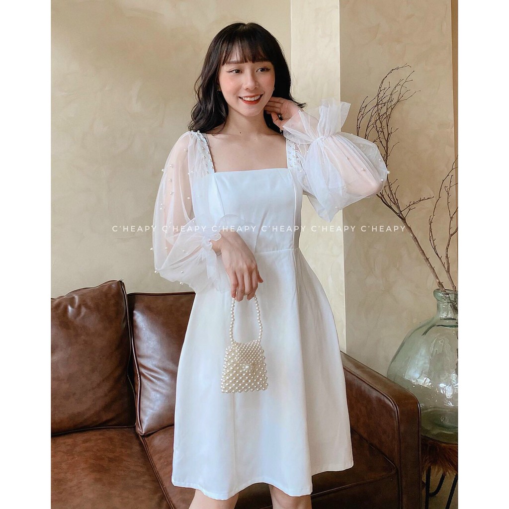 Đầm xòe cổ vuông tay lưới bi xinh xắn có mút ngực