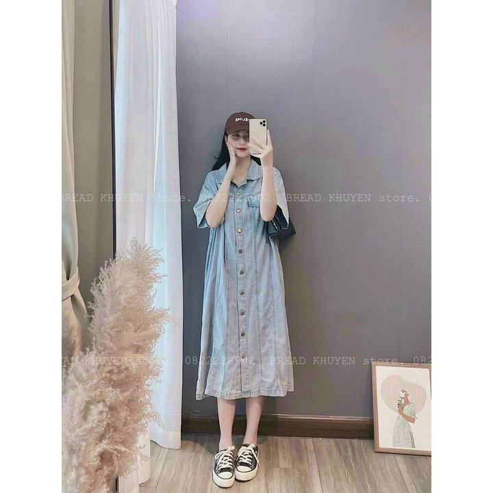 Váy bầu công sở thời trang thu đông chất liệu vải bò mặc được sau sinh cúc thật