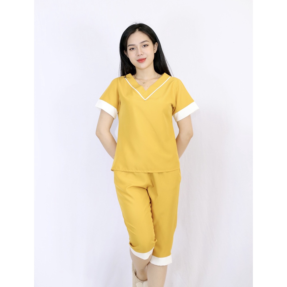 Set đồ bộ pijama L1 VÀNG cổ tim tay ngắn, quần lửng mặc nhà Thoải Mái Nhẹ Nhàng