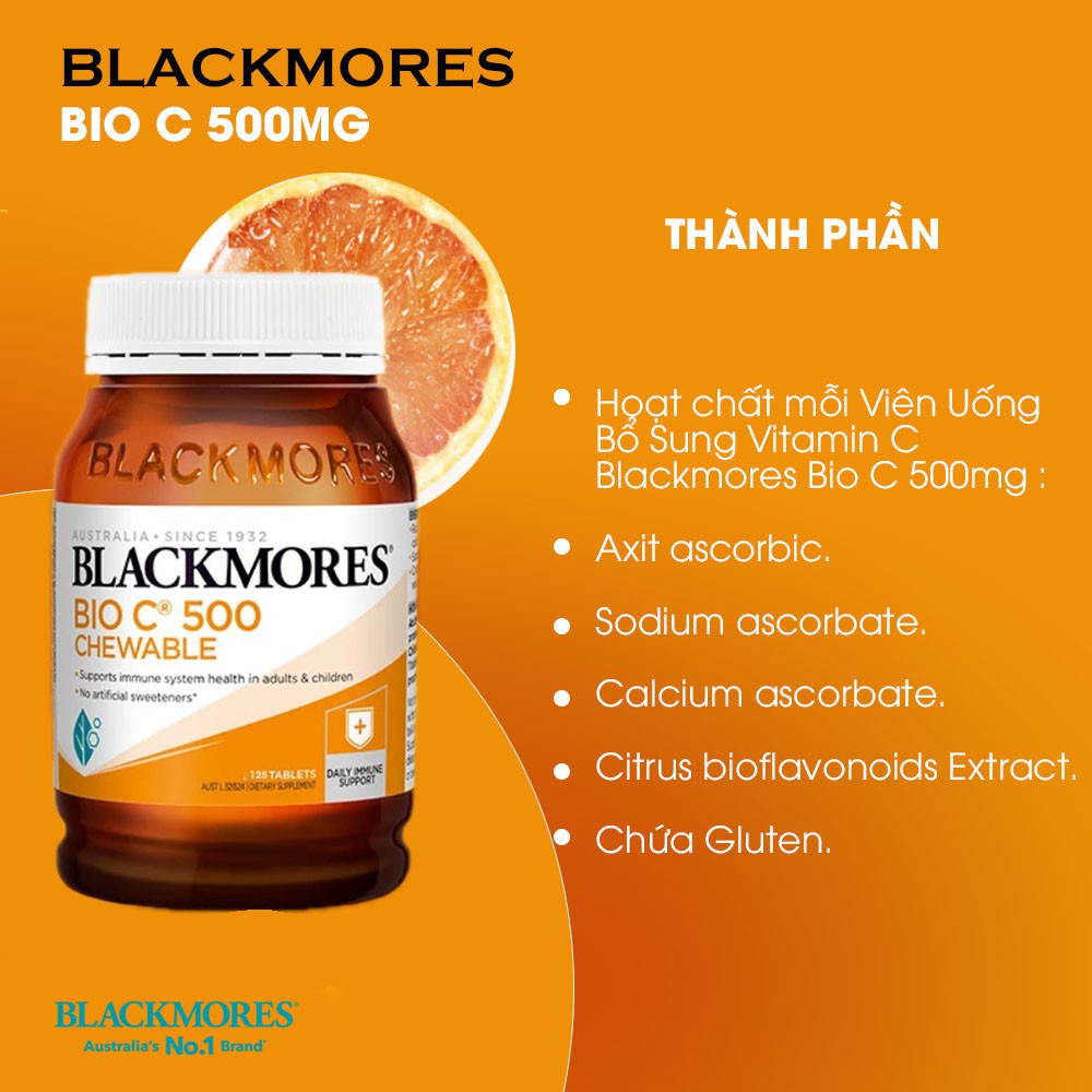 [Chính hãng Úc] Viên bổ sung vitamin C dạng nhai Bio C 500mg Blackmores Úc 125 viên, tăng cường sức đề kháng, làm đẹp da