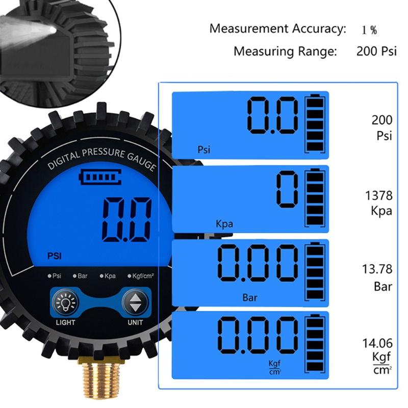 Đồng hồ đo áp suất không khí kỹ thuật số có đèn led 0-200psi độ chính xác cao 1%