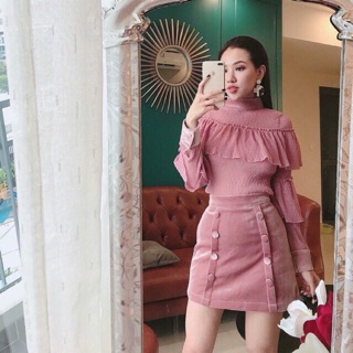 Set váy áo bèo chân váy nhung hồng