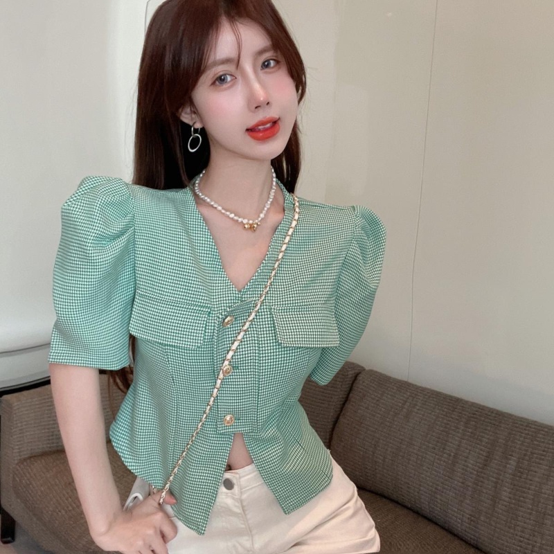 COZOKC Áo Sơ Mi Tay Bồng Dáng Ôm Hoa Văn Kẻ Ô Dễ Phối Đồ Thời Trang