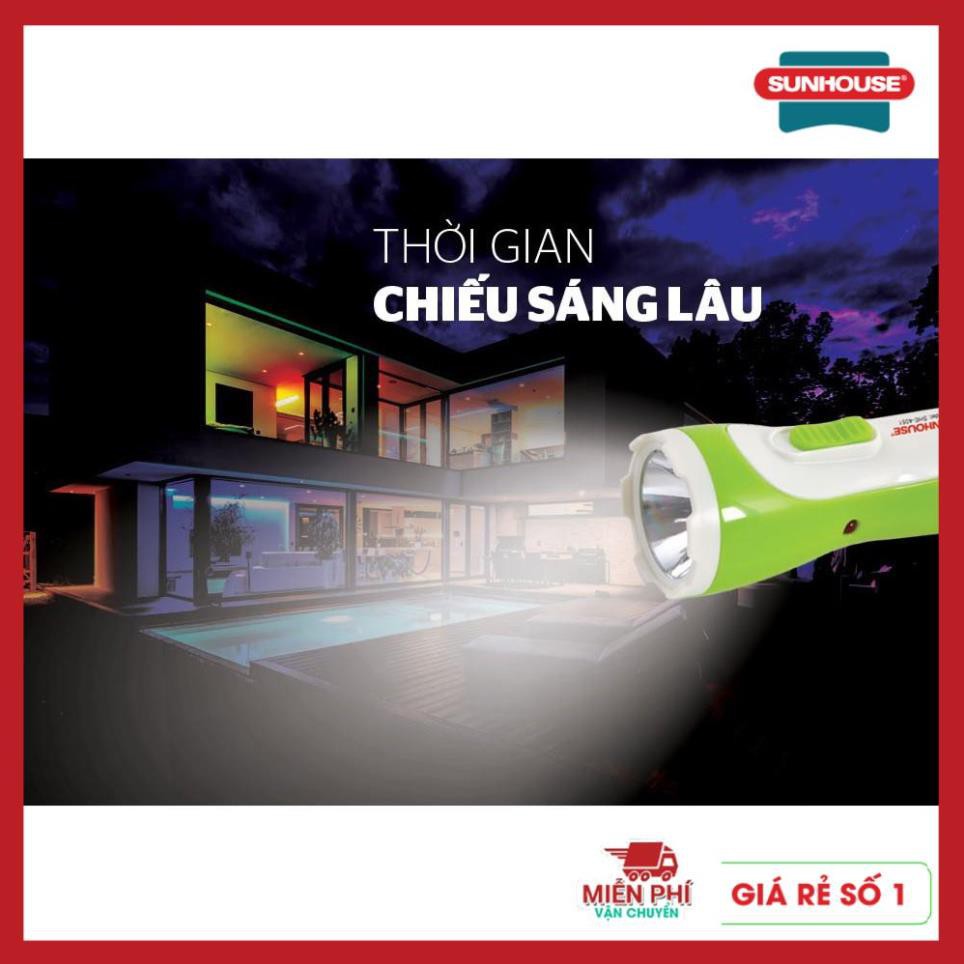 Đèn pin cầm tay Sunhouse SHE4051 cỡ nhỏ, trắng xanh lá, đèn pin Sunhouse thời gian chiếu sáng lên đến 4 giờ liên tục.