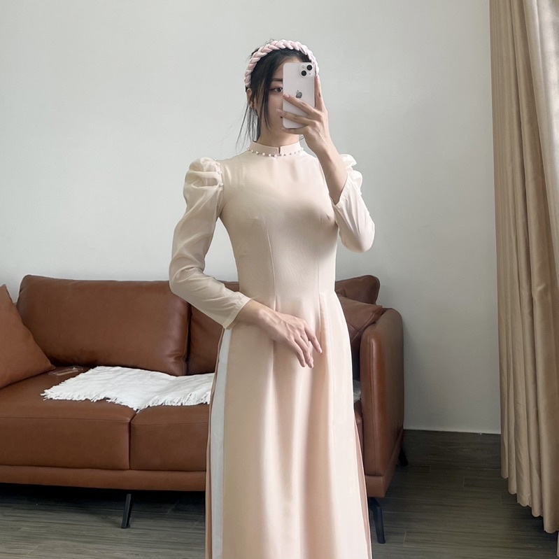 Áo Dài Voan Tơ 4 Tà Tay Phồng Đính Ngọc_ AD Huyền Ny