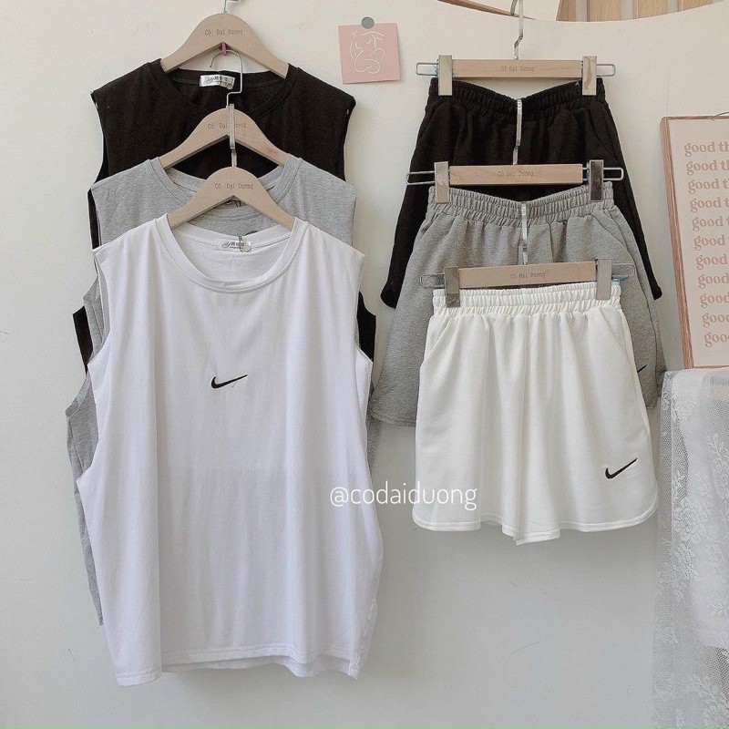 Set áo tanktop quần short đùi nam nữ in logo NI.KE 🌸Bộ cộc tay from rộng ulzzang trơn basic🌸 Set thun unisex dạo phố