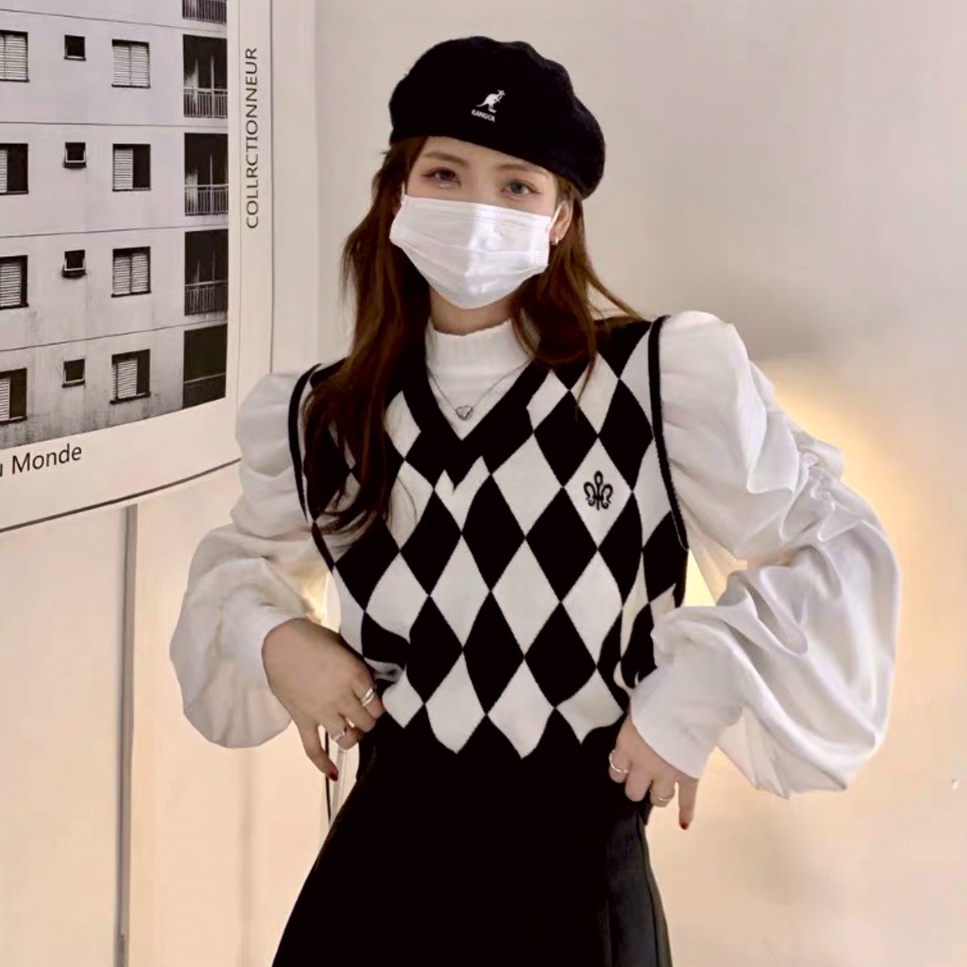 Áo gile len kẻ caro đen trắng - Áo cardigan len dệt hoạ tiết bàn cờ caro