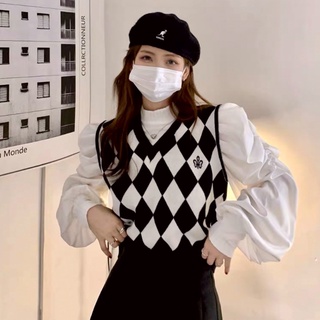 Áo gile len kẻ caro đen trắng - Áo cardigan len dệt hoạ tiết bàn cờ caro
