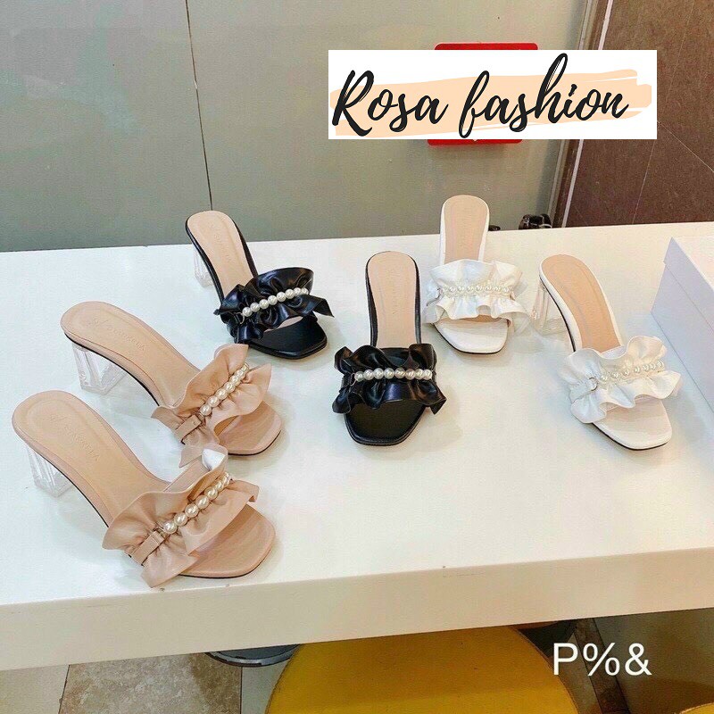 Guốc/giày cao gót quai ngang nhún đính hạt ngọc gót mica trong cao 5p Mys Rosa Factory - CG-0563