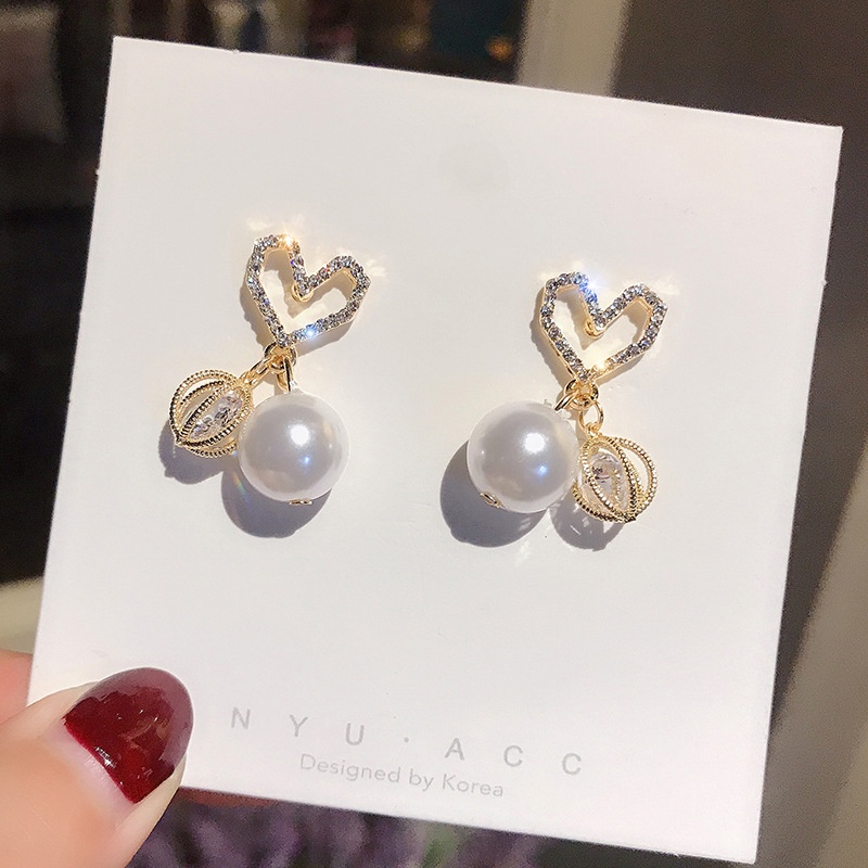 Bông Tai Mạ Bạc 925 Hình Trái Tim Đính Ngọc Trai Đơn Giản Thời Trang