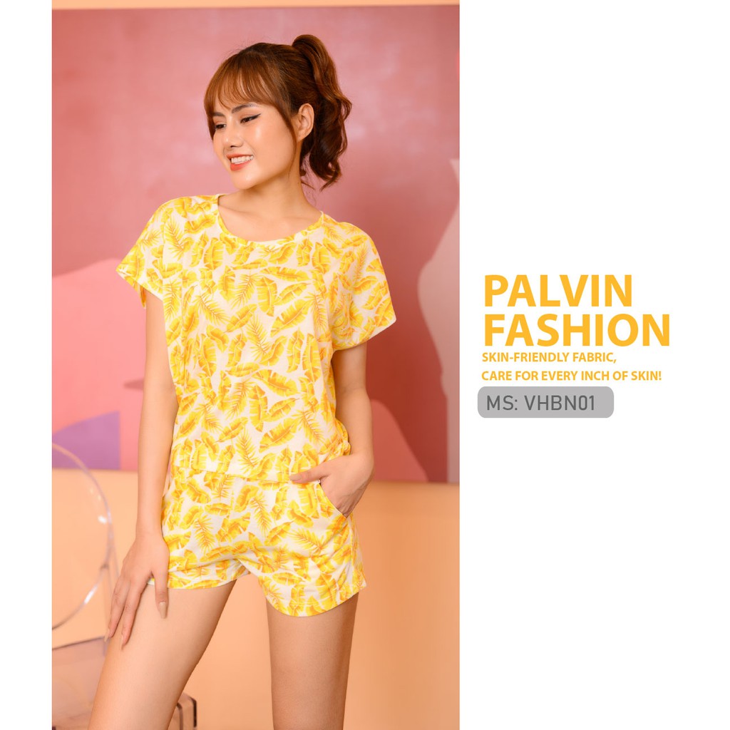 Đồ bộ ngủ thun cotton PALVIN, áo cánh dơi, quần cộc, họa tiết cuốn hút - VHBN01