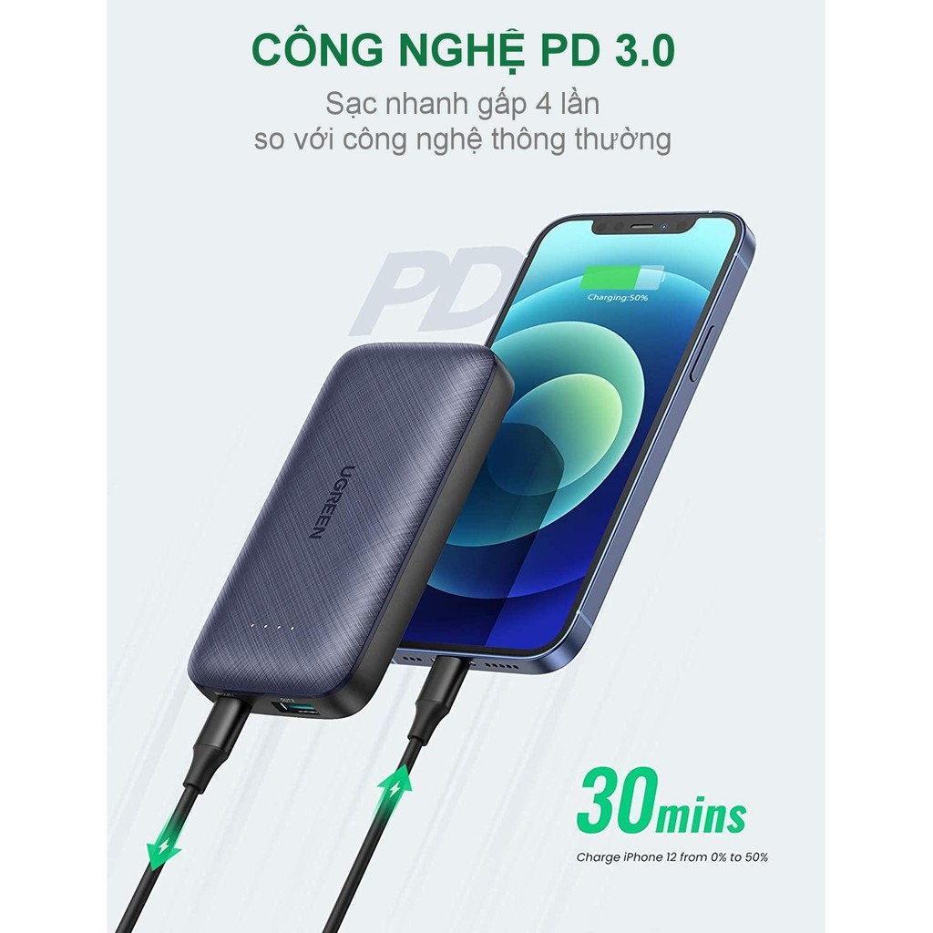 Pin sạc dự phòng mini 10000mAh 2 cổng Ugreen 80749 - PD + QC 3.0 18W Sạc nhanh iPhone 12 50% pin 30'