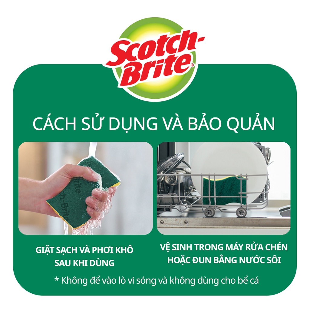 Cước rửa chén siêu sạch có mút Scotch Brite 3M 115x70mm hình sóng kháng khuẩn, lấy sạch vết bẩn [Gói 1/3 miếng]