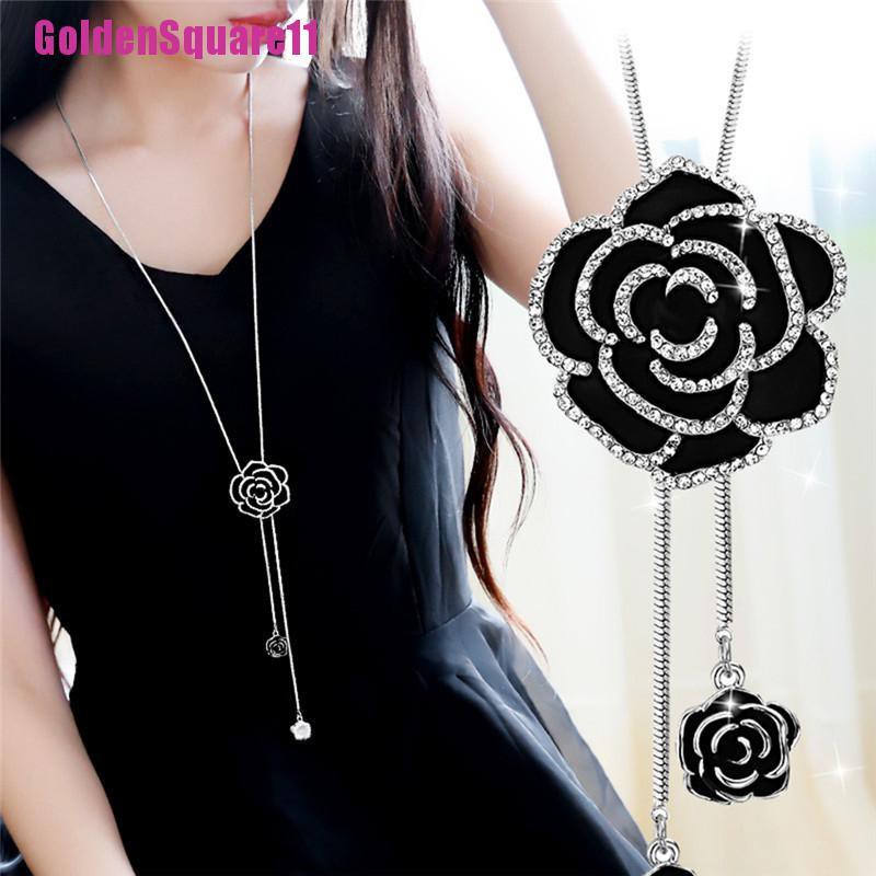 Vòng cổ dài mặt hình hoa hồng đen đính pha lê thời trang cho nữ