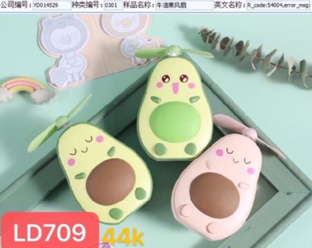 Quạt tích điện mini cầm tay hình quả  bơ có đèn và kèm gương,