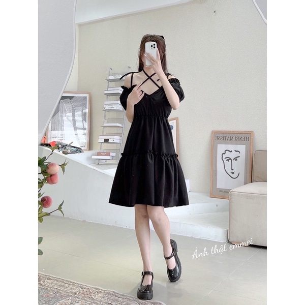 Đầm 2 dây, váy babydoll angel đen buộc nơ trễ vai Emmei v82 | BigBuy360 - bigbuy360.vn