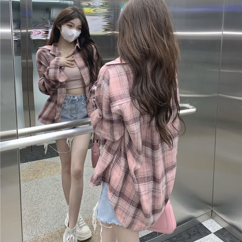 Áo Sơ Mi Khoác Ngoài Tay Dài Chống Nắng Họa Tiết Kẻ Ô Màu Hồng Thời Trang Xuân Thu Phong Cách Mới Dành Cho Bạn Nữ