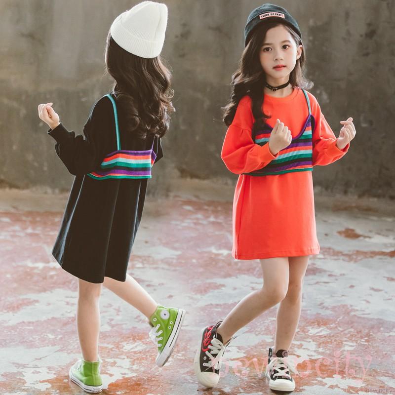 Đầm thun dài tay sọc ngang màu cầu vồng cho bé