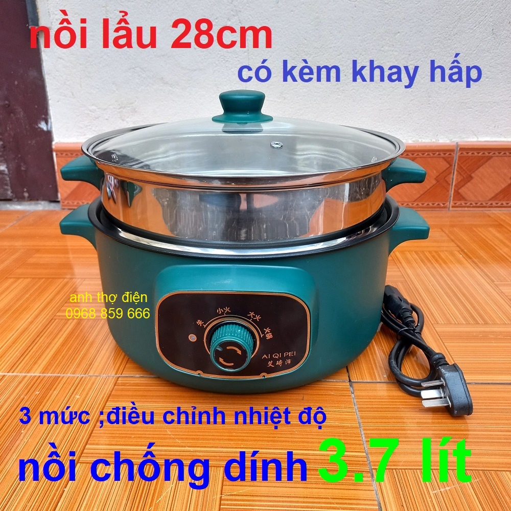 nồi lẩu điện đa năng dùng ăn lẩu hoặc chiên rán xào lõi chống dính - nồi lẩu 2 tầng kèm khay hấp núm xoay