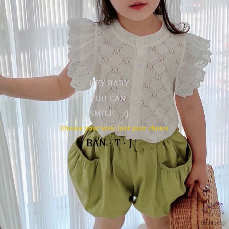 Set Áo Tay Cánh Tiên + Quần Short Thời Trang Hè Phong Cách Hàn Quốc Cho Bé Gái