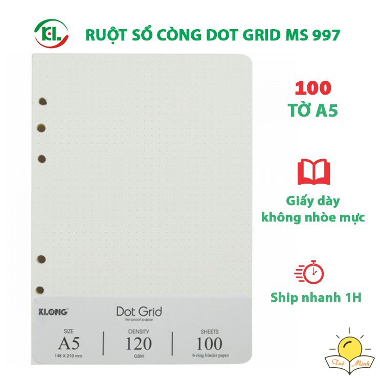 Ruột sổ còng giấy chấm tròn Dot Grid A5 100 tờ Klong, giấy sổ còng Klong MS 997