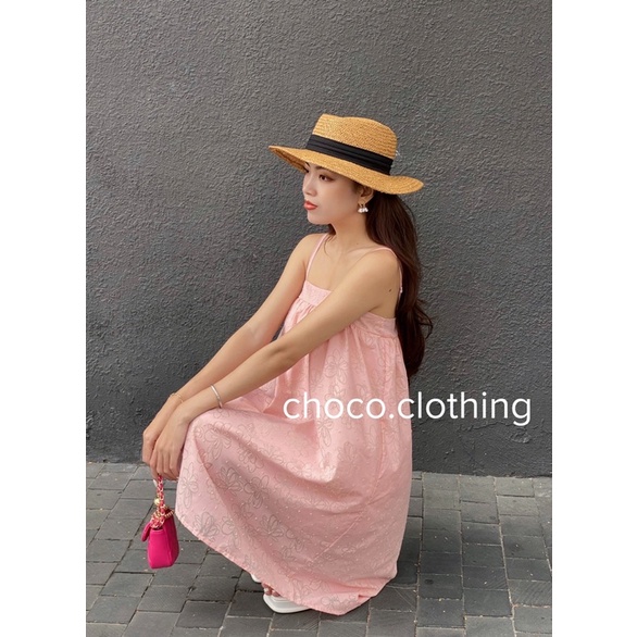 Đầm 2 dây - váy 2 dây nơ lưng dáng xoè đi biển hoạ tiết hoa chìm cao cấp