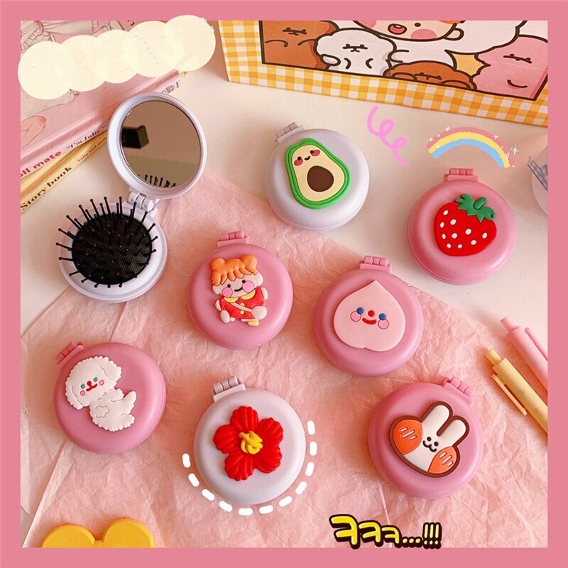 Gương Mini Kèm Lược Chải Tóc Massage Có Thể Gấp Gọn Nhiều Hình Cute