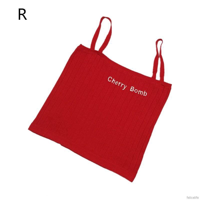 Áo 2 dây cổ vuông màu trơn gợi cảm cá tính thêu chữ Cherry Bomb dành cho bạn nữ