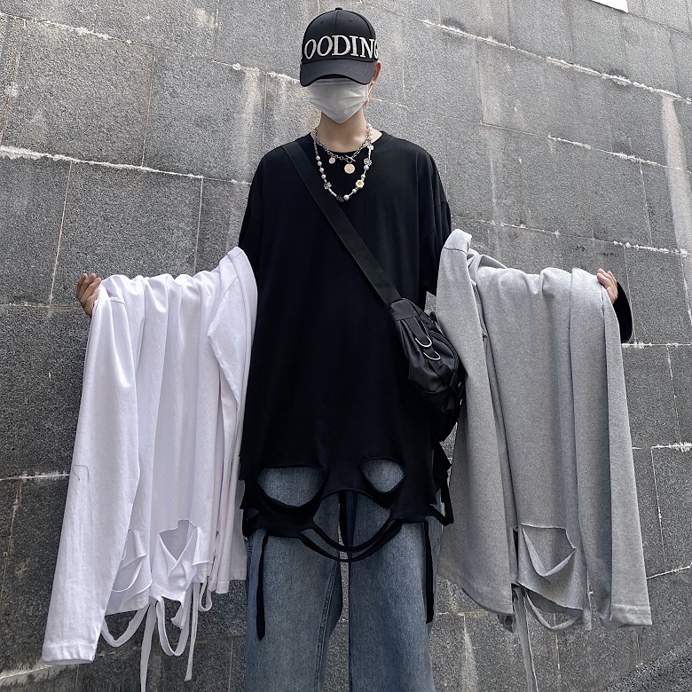 Áo thun tay dài màu trơn thiết kế rách cá tính 222009 Áo thun tay dài dáng rộng vải mỏng kiểu Hip-Hop đường phố cá tính | BigBuy360 - bigbuy360.vn