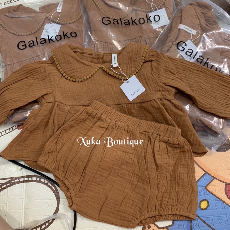 Bộ Quần Áo Dài Tay Bé Gái 0-3 Tuổi Galakoko | Set bộ đũi màu nâu cổ tròn chất Cực Đẹp [Xuka Boutique] Hình Thật
