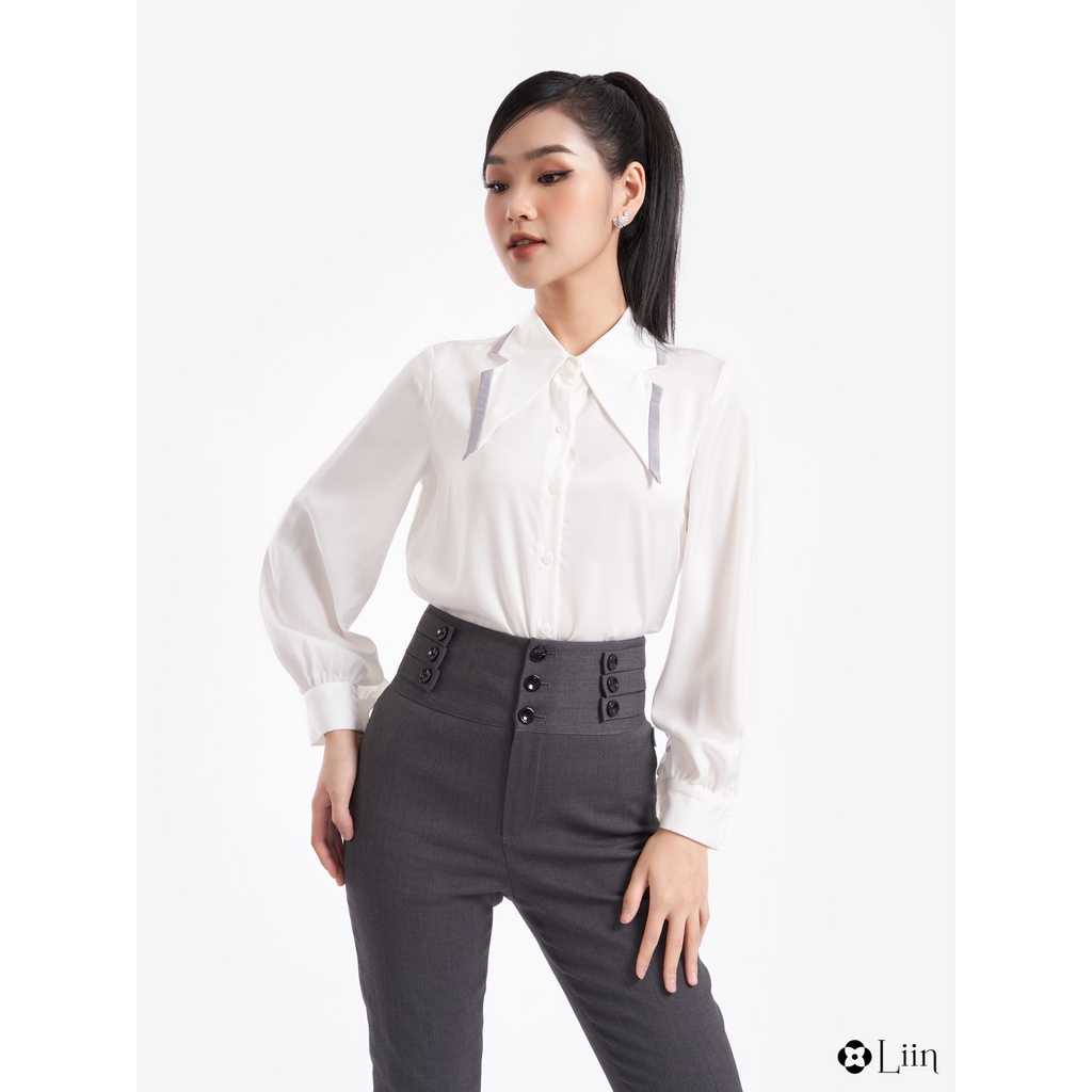 Áo sơ mi Linbi dài tay màu trắng mix viền cổ xanh kiểu dáng công sở thanh lịch liin clothing SM3337