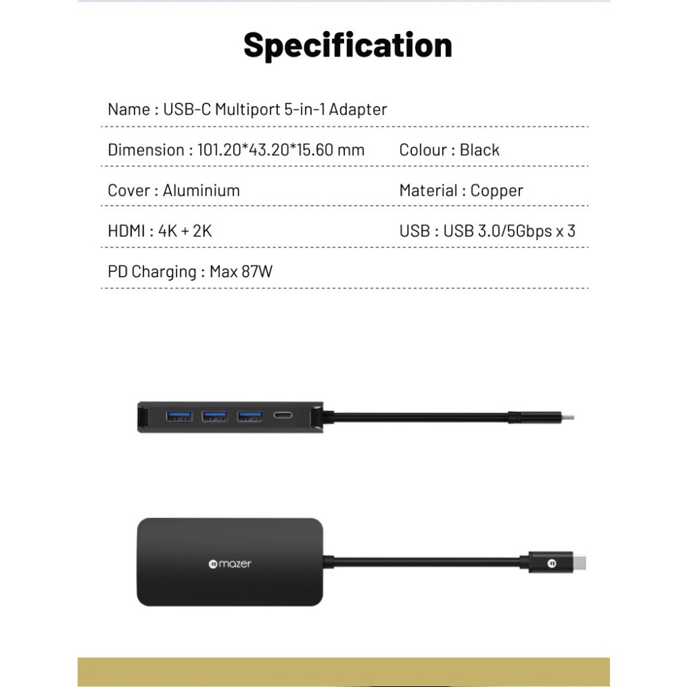 Cổng Chuyển Đổi Mazer USB-C 5-in-1 HUB hỗ trợ mở rộng HDMI 4K, USB 3.0 cho Laptop, điện thoại và Macbook, Bảo hành 5 năm