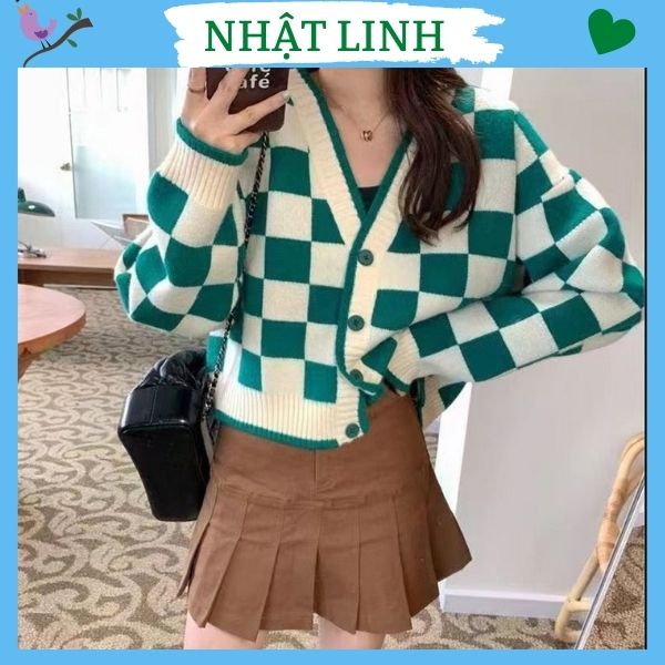 Áo khoác len cardigan nữ NHẬT LINH áo khoác ngoài dáng ngắn kẻ caro màu xanh hottrend - A665