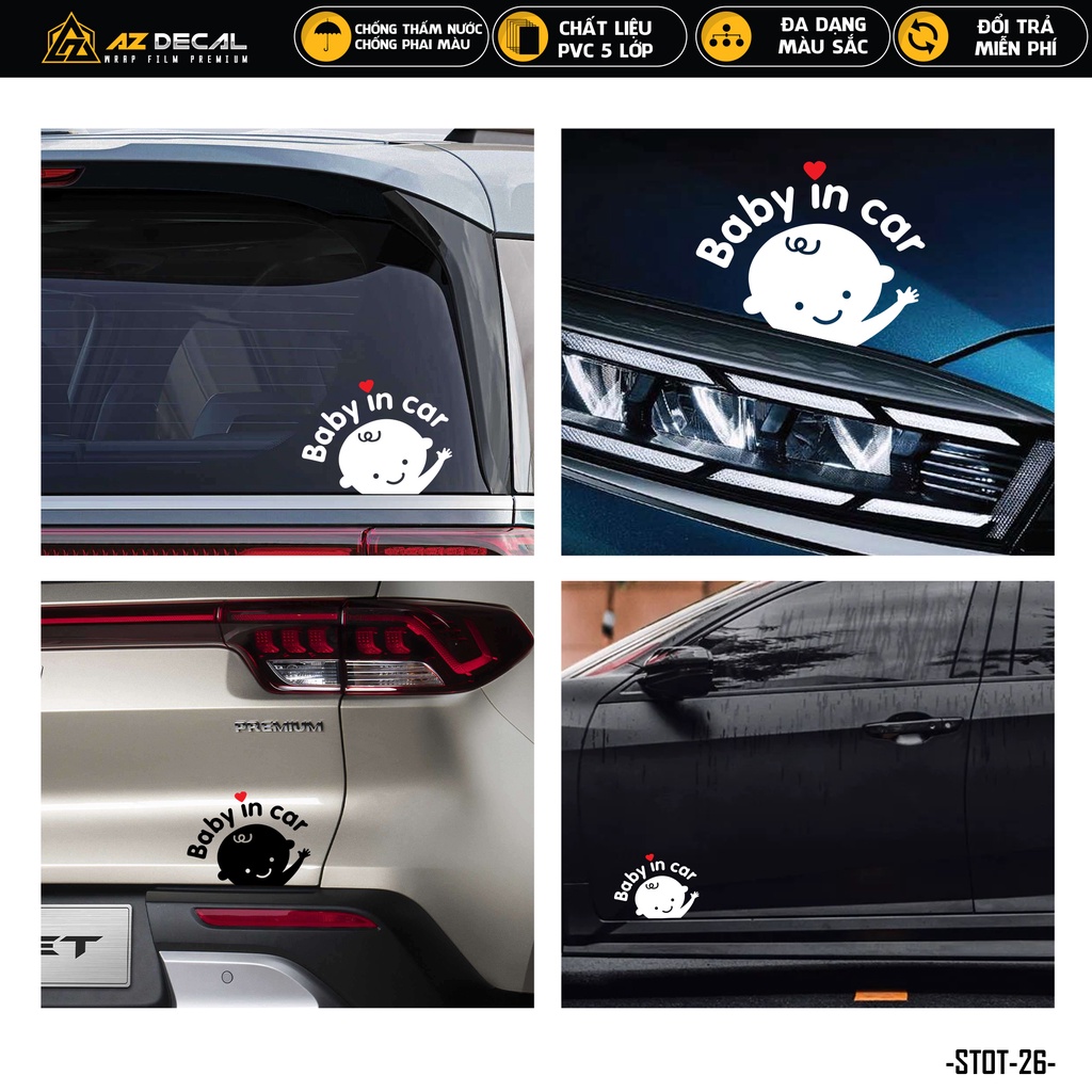 Tem Dán Xe Ô Tô Thiết Kế Baby In Car | STOT-26 | Sticker Oto Xe Hơi Sườn Cửa Xe Cản Sau Kính Lái... Chống Nước