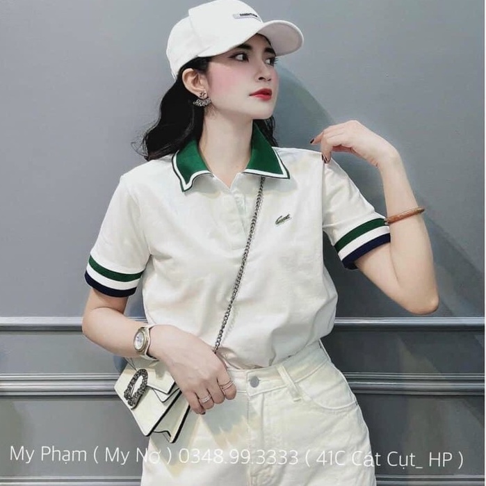 Áo polo nữ trắng cổ xanh, áo thun nữ polo phối cổ lạ mắt | BigBuy360 - bigbuy360.vn