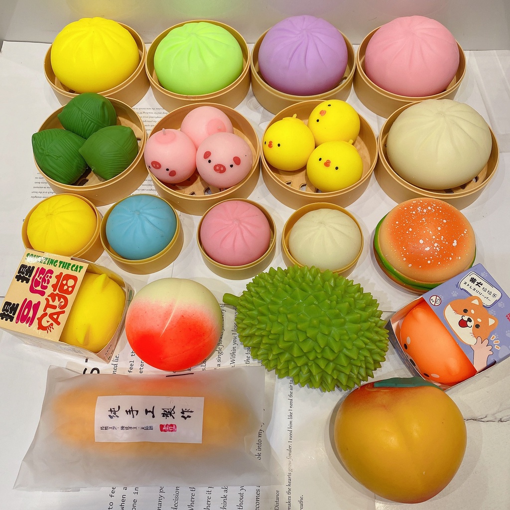 Squishy Mochi Hộp 3 bánh bao màu mè bắt mắt siêu đàn hồi mềm mịn dễ thương xả stress